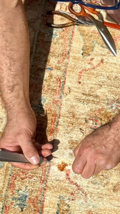 an action shot of Door to Door Cleaners repairing a rug in 2024